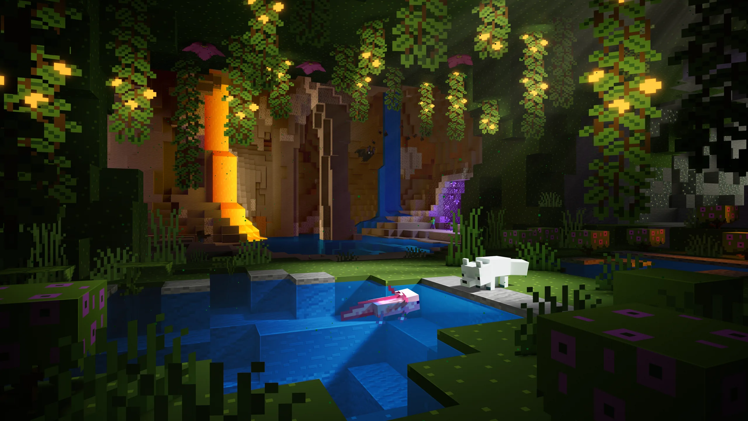 Leuchtende Höhle mit Axolotl, Wasserfall und Glühbeeren